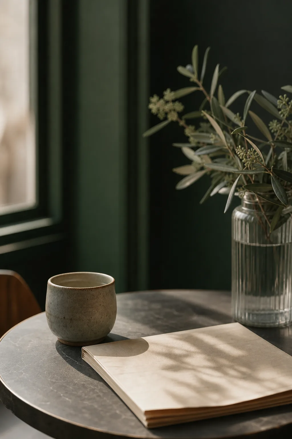 A cup, notebook and leafy branch on a small table